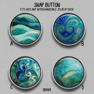 May include: Four 18mm round snap buttons labeled A, B, C, and D. Button A features teal and gold wavy lines. Button B shows blue and gold swirls. Button C displays blue and teal floral-like patterns. Button D depicts a teal and gold mosaic texture.