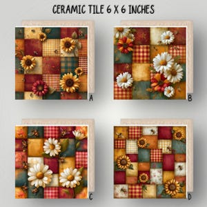 May include: Four square ceramic tiles measuring 15.24 x 15.24 cm each, featuring a patchwork design of plaid and solid colours in red, yellow, and green. The tiles are decorated with illustrations of sunflowers, daisies, and small bees throughout.