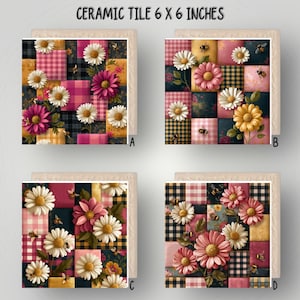 May include: Four square ceramic tiles, each measuring 15.24 x 15.24 cm, featuring a patchwork design of plaid and gingham patterns in pink, yellow, and black, decorated with white, pink, and yellow daisy flowers and small bumblebee illustrations.