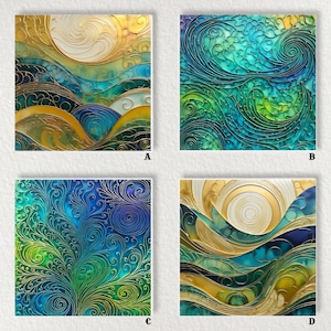Pode incluir: Quatro impressões de arte quadradas com designs abstratos. Cada uma apresenta uma composição única de linhas e formas em tons de azul, verde e dourado, evocando uma sensação de natureza e fluidez. As impressões são montadas em um fundo branco.