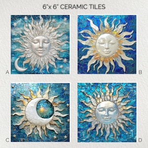 May include: Four ceramic tiles, each 15 cm x 15 cm, with celestial designs. The tiles feature sun or moon faces against a mosaic blue background. The suns have radiating rays, and the moons have stars. The text "6" x 6" CERAMIC TILES" is at the top.