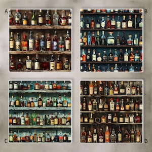 May include: Four square images of liquor bottles on wooden shelves. Each image features a different arrangement of bottles, showcasing a variety of shapes, sizes, and colors. The shelves are made of weathered wood, adding a rustic touch to the display.