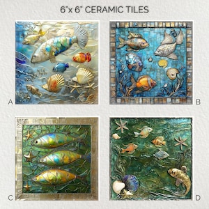 May include: Four 6" x 6" ceramic tiles with underwater scenes. Each tile features colorful fish, seashells, and starfish. The tiles are framed and have a textured appearance, with the text "6" x 6" CERAMIC TILES" at the top.