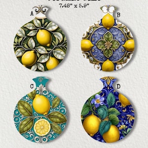 May include: Four round ceramic tiles labeled A, B, C, and D, each measuring 7.48 inches by 5.9 inches. Each tile features a unique lemon-themed design with vibrant yellow lemons, green leaves, and intricate blue, teal, or dark green patterns.