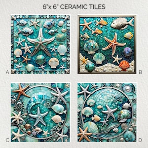 May include: Four 6" x 6" ceramic tiles with ocean-themed designs. Each tile features a mosaic of seashells, starfish, and fish in shades of teal, white, and orange. The tiles are labeled A, B, C, and D.