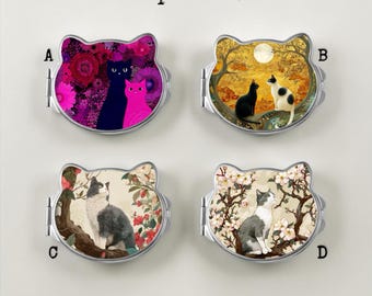 Cat Shaped Compact Mirror * Silver * Makeup Pocket Mirror * Cat Lover Gift