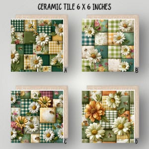 Puede incluir: Cuatro azulejos de cerámica cuadrados que miden 15,24 x 15,24 cm, etiquetados A, B, C y D. Cada azulejo presenta una cuadrícula de patchwork con patrones de cuadros verdes, amarillos y blancos, estampados florales y colores sólidos, decorados con margaritas y abejas.