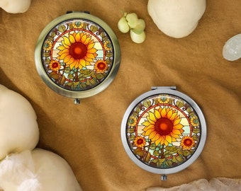 Handgefertigter Sonnenblumen-Kompaktspiegel * Silber oder Bronze