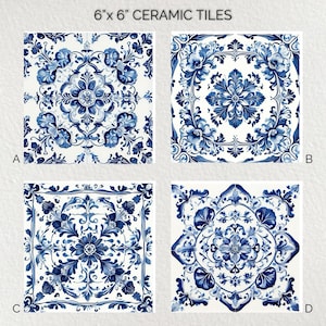 May include: Four 6x6 inch ceramic tiles with intricate blue and white floral designs. Each tile features a unique pattern of flowers, leaves, and swirling details. The tiles are labeled A, B, C, and D, and are suitable for home decor.