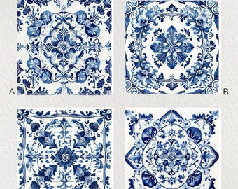 May include: Four 6x6 inch ceramic tiles with intricate blue and white floral designs. Each tile features a unique pattern of flowers, leaves, and swirling details. The tiles are labeled A, B, C, and D, and are suitable for home decor.