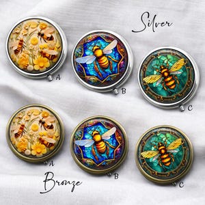 Bee Handmade Round Pill Box * Silver or Bronze- Pill Organizer - Medicine Vitamin Supplement Dispenser