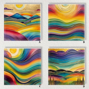 Pode incluir: Quatro impressões de arte quadradas com designs de paisagens abstratas. Cada impressão apresenta uma paleta de cores única, incluindo tons vibrantes de azul, verde, amarelo, laranja e roxo. Os designs incorporam sóis estilizados e colinas onduladas, com detalhes dourados.