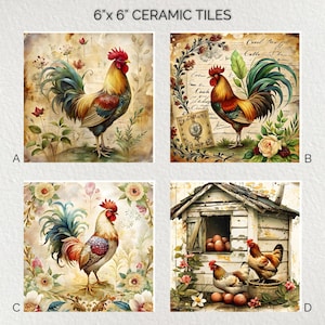 May include: Four 15x15 cm ceramic tiles with rooster illustrations. The tiles feature watercolor-style images of roosters in various settings, including floral backgrounds and a rustic chicken coop. The tiles are labeled A, B, C, and D.