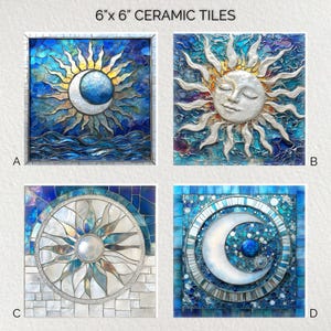 Può includere: Quattro piastrelle in ceramica da 15 cm x 15 cm con disegni celesti. Le piastrelle presentano motivi di sole e luna in tonalità di blu, oro e argento. Ogni piastrella ha un design unico a mosaico, con dettagli e trame intricati. Il testo "6" x 6" CERAMIC TILES" è in alto.