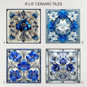 May include: Four 6" x 6" ceramic tiles with floral designs. The tiles feature intricate patterns in shades of blue and white, with a cream-colored background. Each tile has a different floral arrangement, framed by a decorative border.