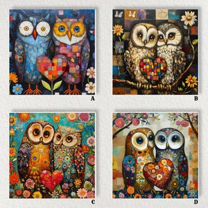May include: Four square canvas art prints featuring owl couples. Each owl pair holds a heart. The owls are depicted in vibrant colors with floral and geometric patterns. The backgrounds vary, including floral and abstract designs.