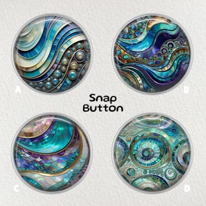 May include: Four round snap buttons with intricate designs in shades of blue, teal, and gold. The designs include swirling patterns, geometric shapes, and a variety of textures. The text "Snap Button" is in the center.