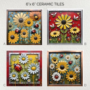 Pode incluir: Quatro azulejos de cerâmica de 15,24 cm x 15,24 cm com desenhos florais. Cada azulejo apresenta um arranjo diferente de girassóis, margaridas, joaninhas e abelhas. Os azulejos são emoldurados e têm uma aparência de mosaico, com cores vibrantes e texturas detalhadas.