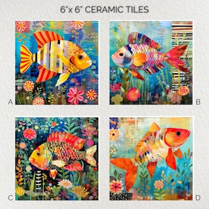 May include: Four 6" x 6" ceramic tiles featuring colorful fish illustrations. Each tile showcases a unique fish design with vibrant hues of yellow, orange, red, and blue, set against floral and abstract backgrounds. The text "6" x 6" CERAMIC TILES" is at the top.
