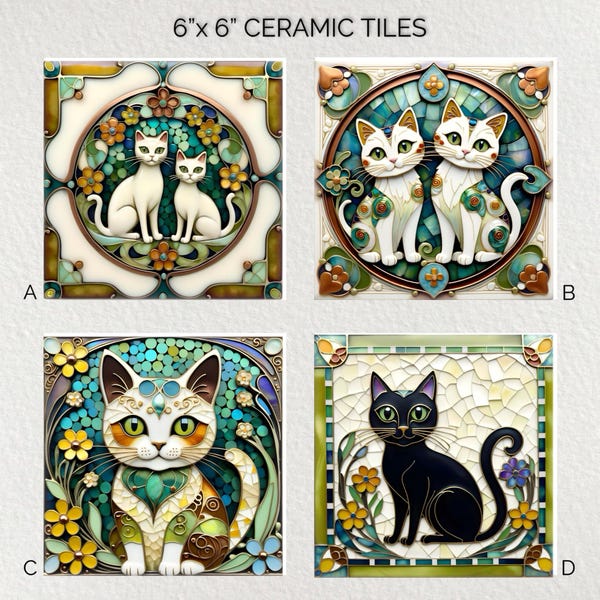 Cats Ceramic Tile Art: Glossy Decorative Trivet, 6x6"