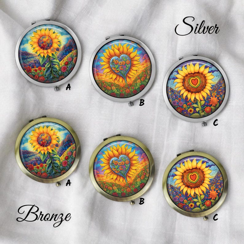 Handmade Sunflowers Compact Mirror Silver or Bronze Makeup Pocket