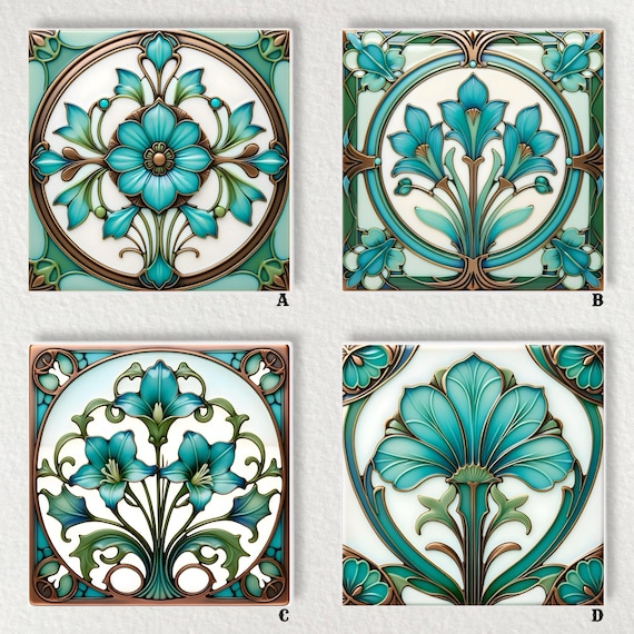 アールヌーボー様式のセラミックタイル：光沢のある花柄の装飾、鍋敷き