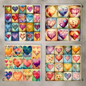 May include: Four square decorative tiles, each featuring a grid of watercolor hearts in various colors and patterns. The hearts are in shades of red, pink, blue, yellow, and purple, with unique textures and designs. The tiles are arranged in a square format.