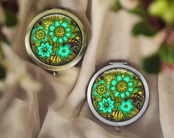 Handgefertigter Blumen-Taschenspiegel * Silber oder Bronze
