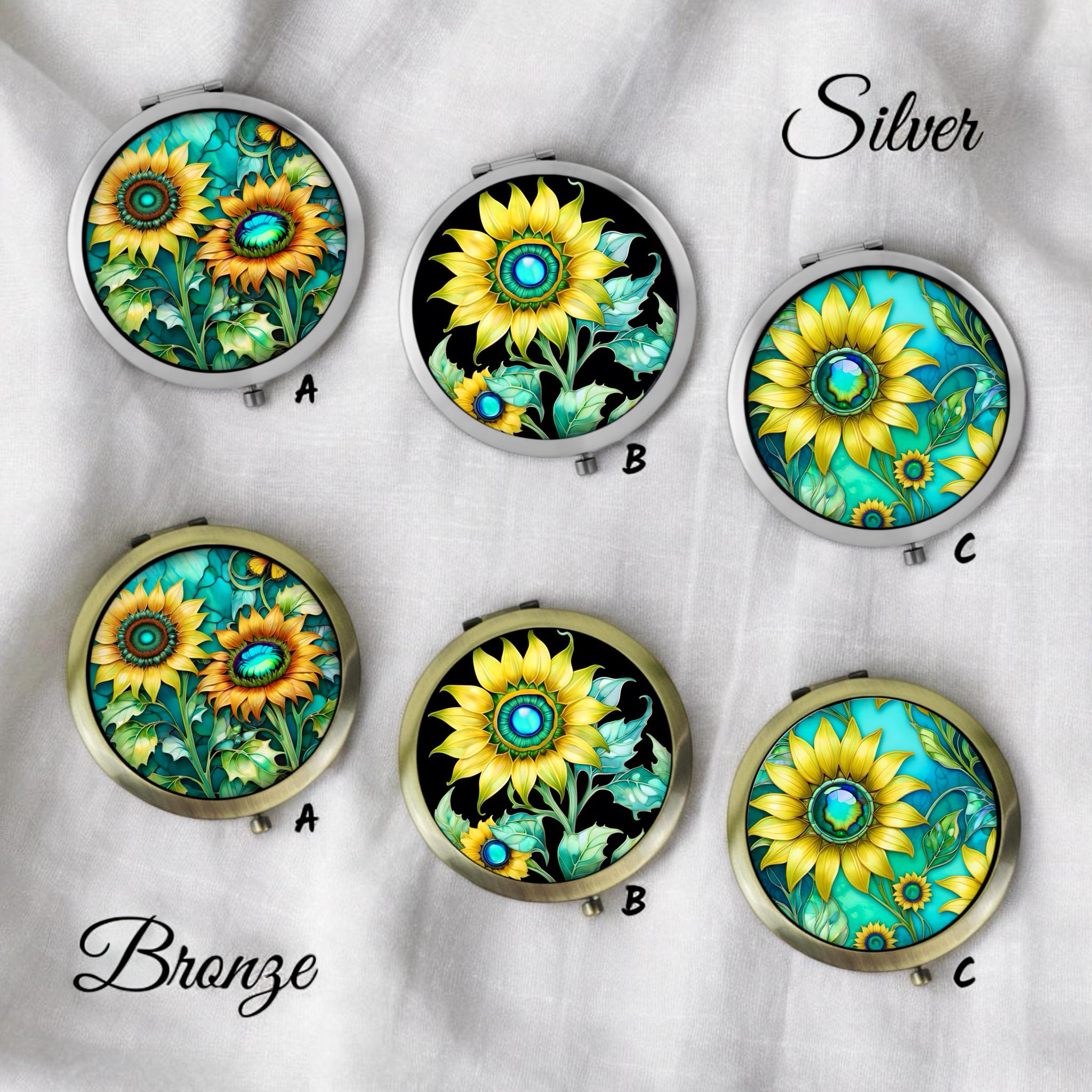 Handmade Sunflower Compact Mirror: Silver or Bronze Makeup Mirror
