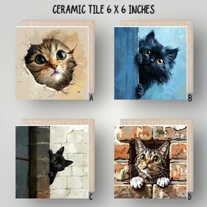 Azulejos de cerámica con gatos: decoración otoñal, salvamanteles y arte mural (azulejo brillante de 6 x 6 pulgadas)