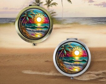 Handgemachter Strand Sonnenuntergang Taschenspiegel * Silber oder Bronze