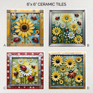 Pode incluir: Quatro azulejos de cerâmica de 15 cm x 15 cm com desenhos florais e de insetos. Cada azulejo apresenta um arranjo diferente de girassóis, margaridas, joaninhas e abelhas, emoldurados em molduras decorativas. Os azulejos são rotulados A, B, C e D.