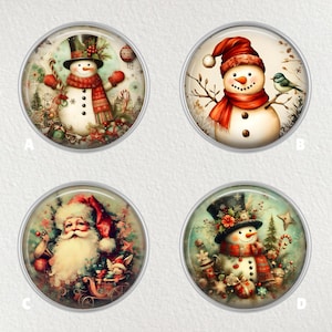 May include: Four round Christmas-themed images. One features a snowman with a top hat, scarf, and mittens. Another shows a snowman with a red hat and scarf. A third depicts Santa Claus. The last image is of a snowman with a top hat and scarf.