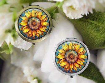 Handgefertigter Sonnenblumen-Kompaktspiegel * Silber oder Bronze