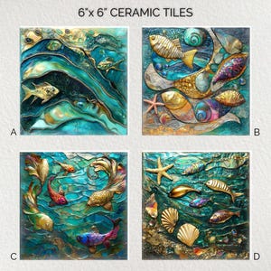 May include: Four 6" x 6" ceramic tiles with underwater scenes. Each tile features a unique design of fish, seashells, and coral in shades of blue, gold, and teal. The tiles are square and have a glossy finish.