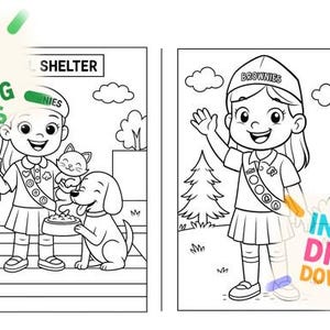 May include: Girl Scout coloring sheets featuring line art illustrations of Girl Scouts in various outdoor and community settings. The images include a campfire, a dog and cat, and a senior citizen.