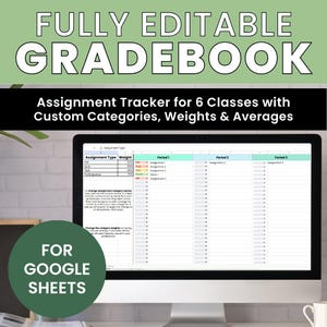 Op de afbeelding: Een digitaal cijferlijstsjabloon voor Google Sheets weergegeven op een computermonitor. Het scherm toont een opdrachten-tracker voor zes klassen met kolommen voor opdrachttype, weging en periodespecifieke invoer met aangepaste categorieën.