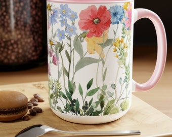 Two-Tone Coffee Mugs - Flowers, 15oz