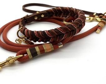 Hundehalsband aus Fettleder mit Paracord und Tauleine mit Lederhandschlaufe, Modell „Bran“