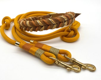 Dog collar made of greased leather with paracord and rope, model “Sunny”