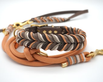 Dog collar made of fat leather with paracord and rope leash with leather hand loop, model “Natsu”