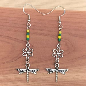 Silver Flower and Dragonfly Earrings, Yellow and Green Dangle Ear Drops, Garden Lover Gift