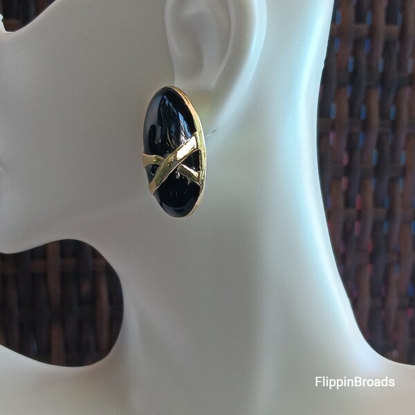 80s Metal Black Oval Studs with Gold Tone X Pattern, Retro Glamour, Vintage Edgy Earrings