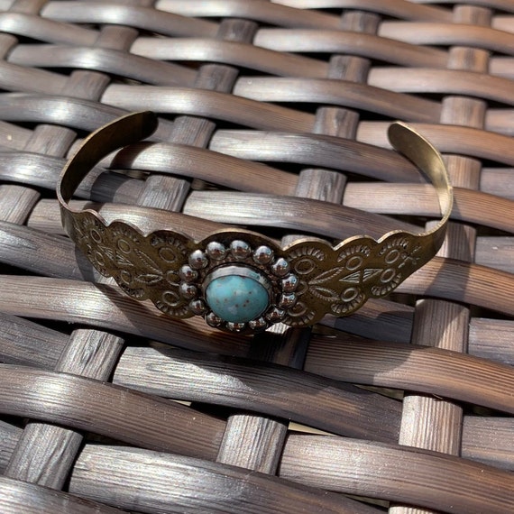 Silver Antique Cuff Bracelet with Round Blue Gree… - image 5