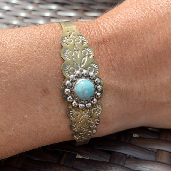Silver Antique Cuff Bracelet with Round Blue Gree… - image 4