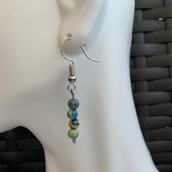 Malachite Bead Dangle Earrings, Small Dangle Drops, Bohemian Style Beachy Jewelry