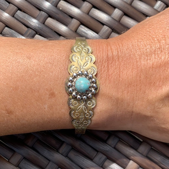 Silver Antique Cuff Bracelet with Round Blue Gree… - image 1