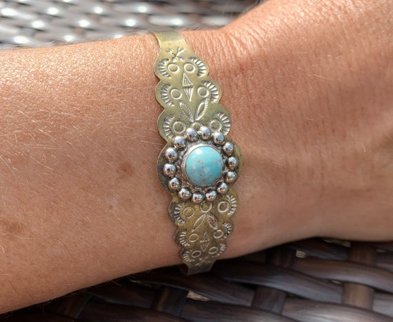 Silver Antique Cuff Bracelet with Round Blue Gree… - image 8
