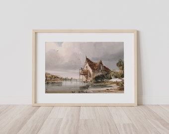 Schilderij "Huis aan zee" - Vintage schilderij om te downloaden - Instant download - Afdrukbare kunst