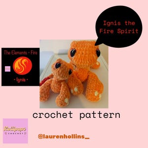 May include: A crochet pattern for a pair of orange crocheted fire spirit creatures. The pattern is called "Ignis the Fire Spirit" and is available from @laurenhollins_.
